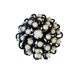 Vintage Black White Beaded Floral Brooch Pin Faceted Accents Textured Metal